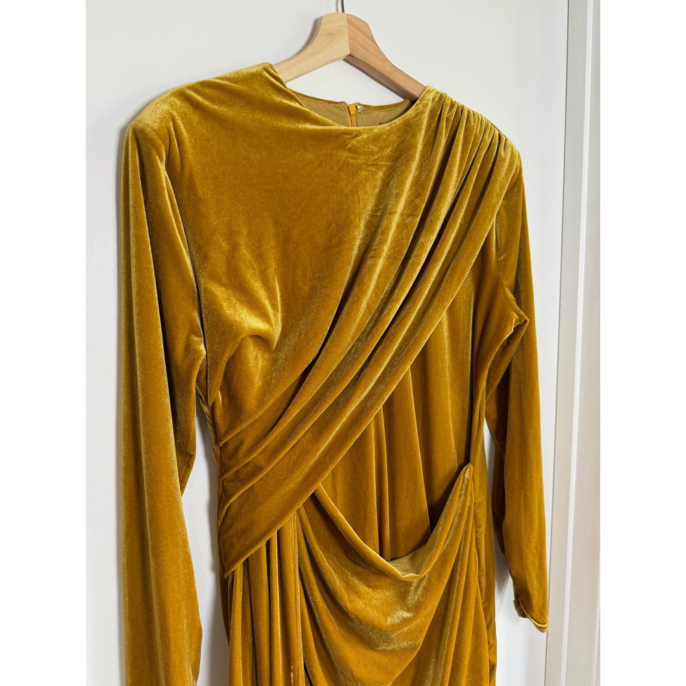Jessakae Gold Velvet Draped Mini Dress Long Sleeve Mustard Womens 1XL NEW - Picture 3 of 11